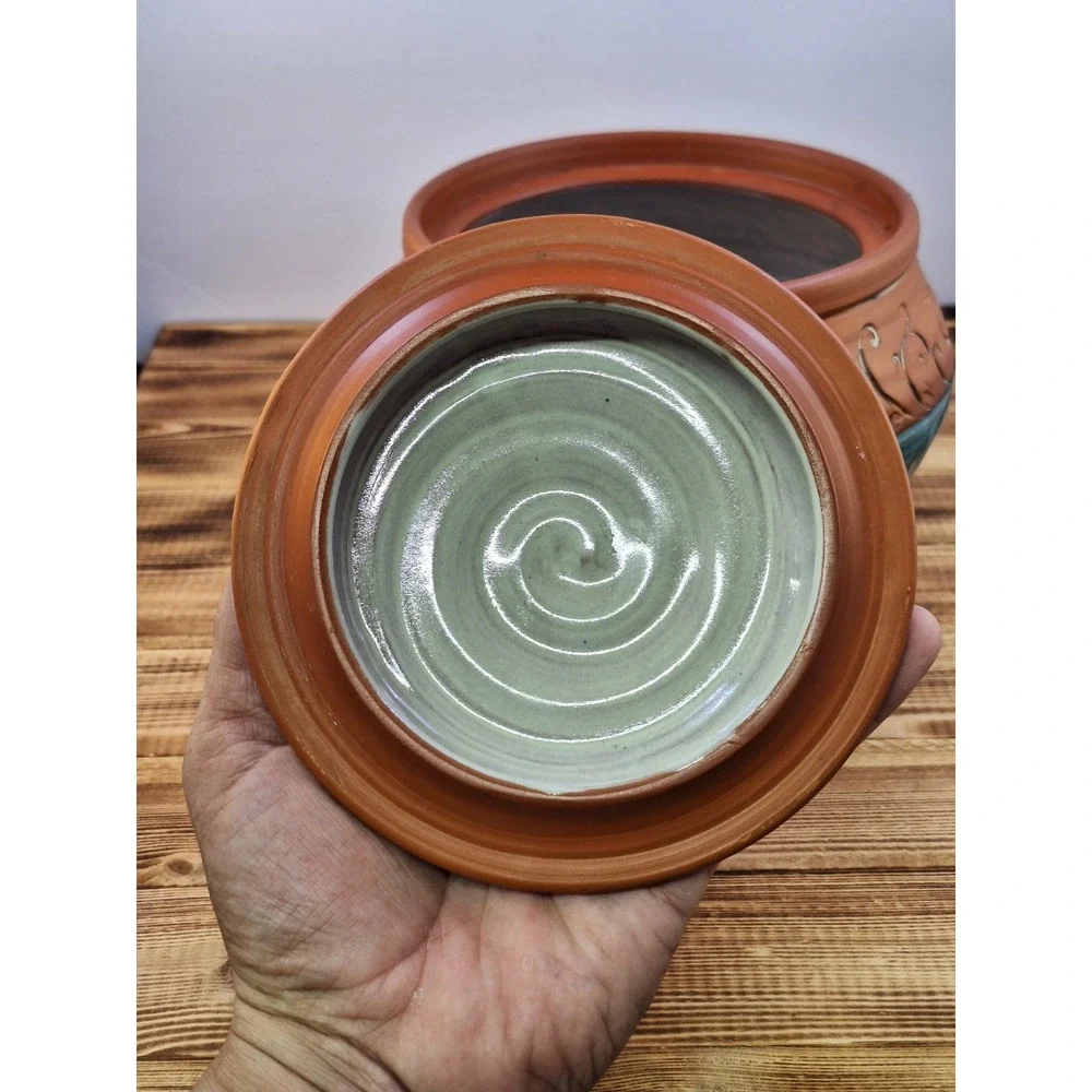 Wendy Summers Pottery Red Clay Bean Crock Pot Artisan Floral Blue Drip Glaze 5x6